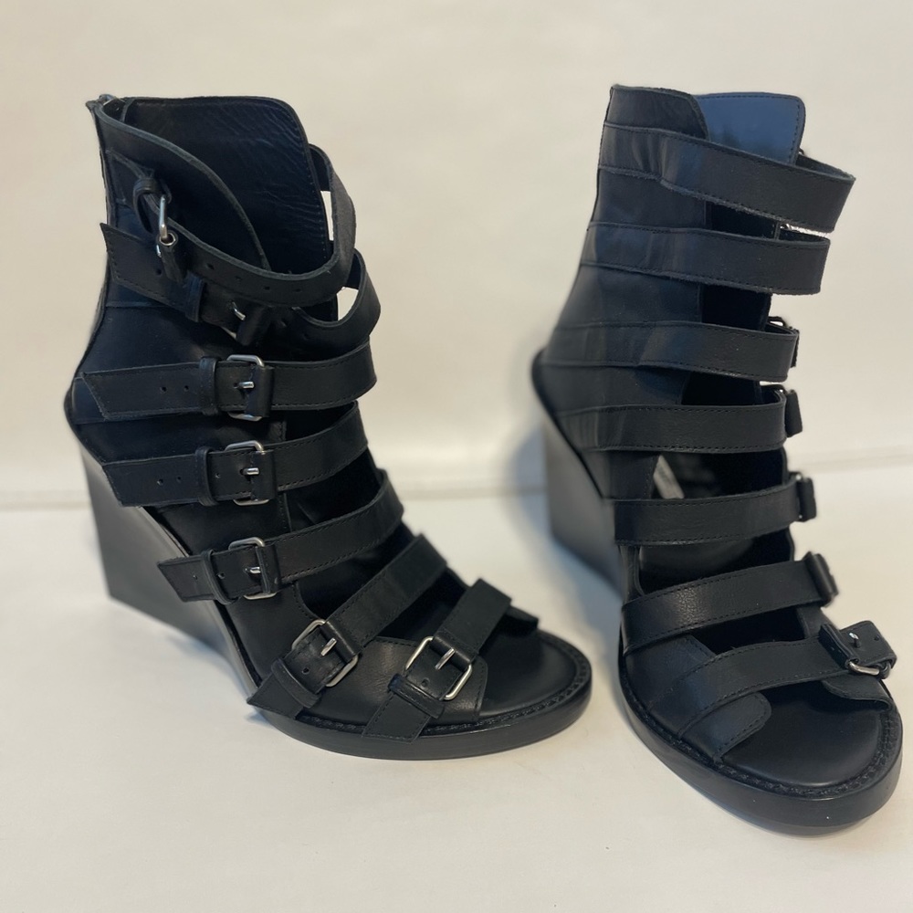 New Ann Demeulemeester black leather wedge buckle sandals